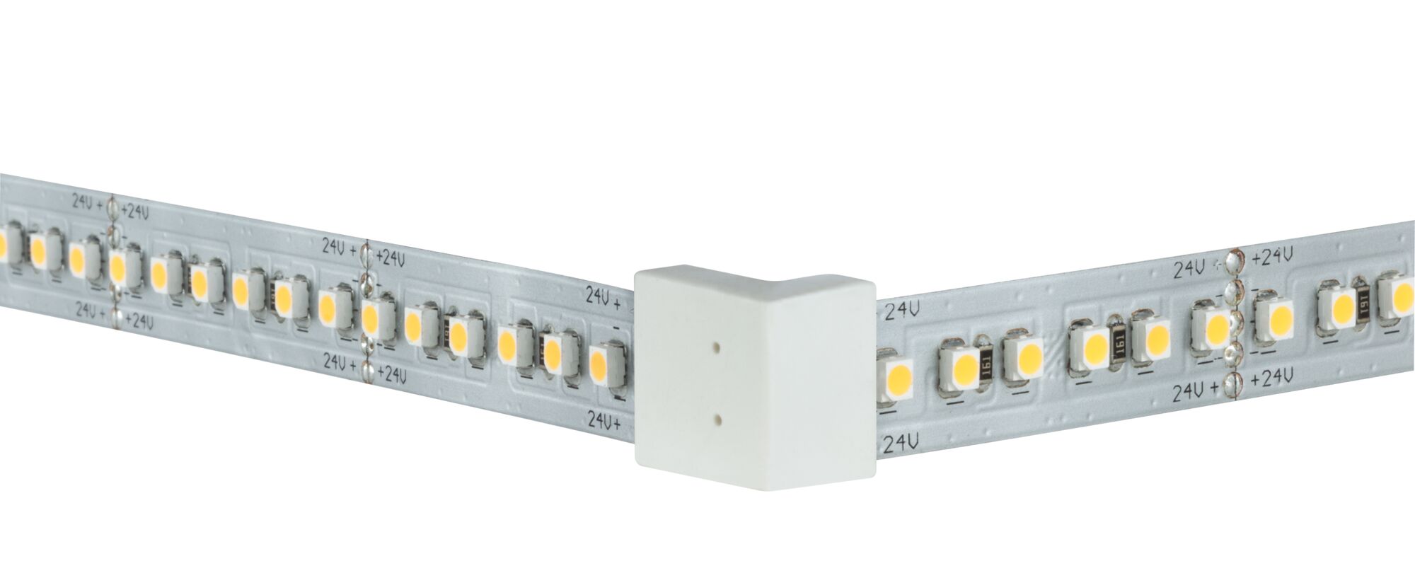 LED strip with white plastic corner connector for 24V lighting systems, flexible light solution