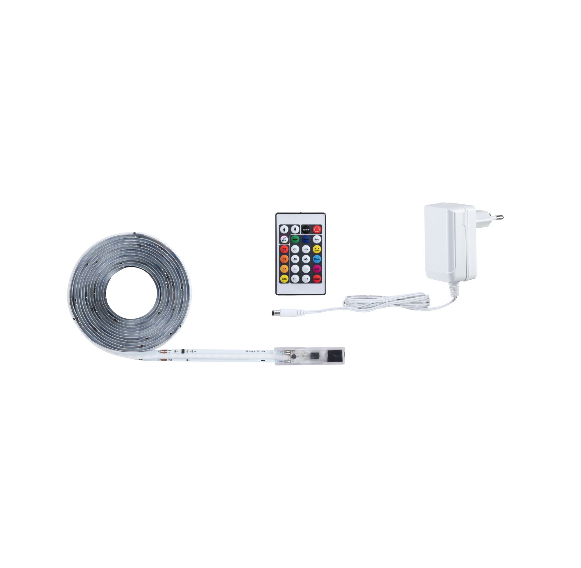 White LED strip with remote control and power adapter for versatile room lighting and colour change