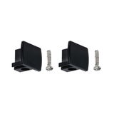 Two black plastic end caps with screws for LED track lighting accessories in black