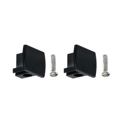 Two black plastic end caps with screws for LED track lighting accessories in black