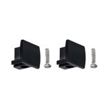 Two black plastic end caps with screws for LED track lighting accessories in black
