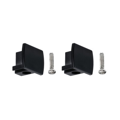 Two black plastic end caps with screws for LED track lighting accessories in black