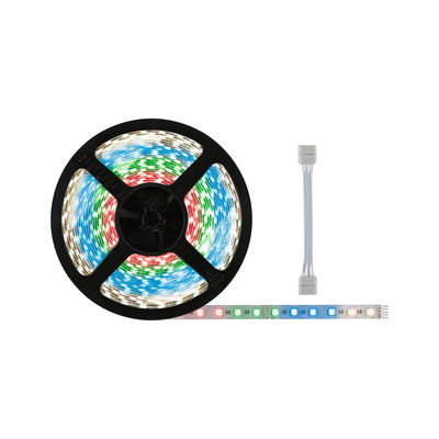 Bunte LED-Lichtleiste auf schwarzer Rolle mit weißem Verbindungskabel für flexible Beleuchtungslösungen