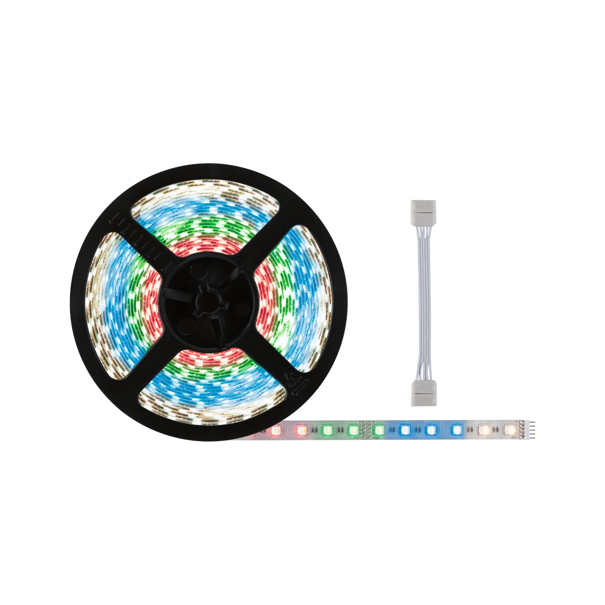 Colorful LED strip light on black reel with white connector cable for versatile lighting setups