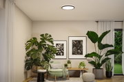Plafonnier rond à cadre noir dans un salon moderne avec plantes vertes et décoration beige.