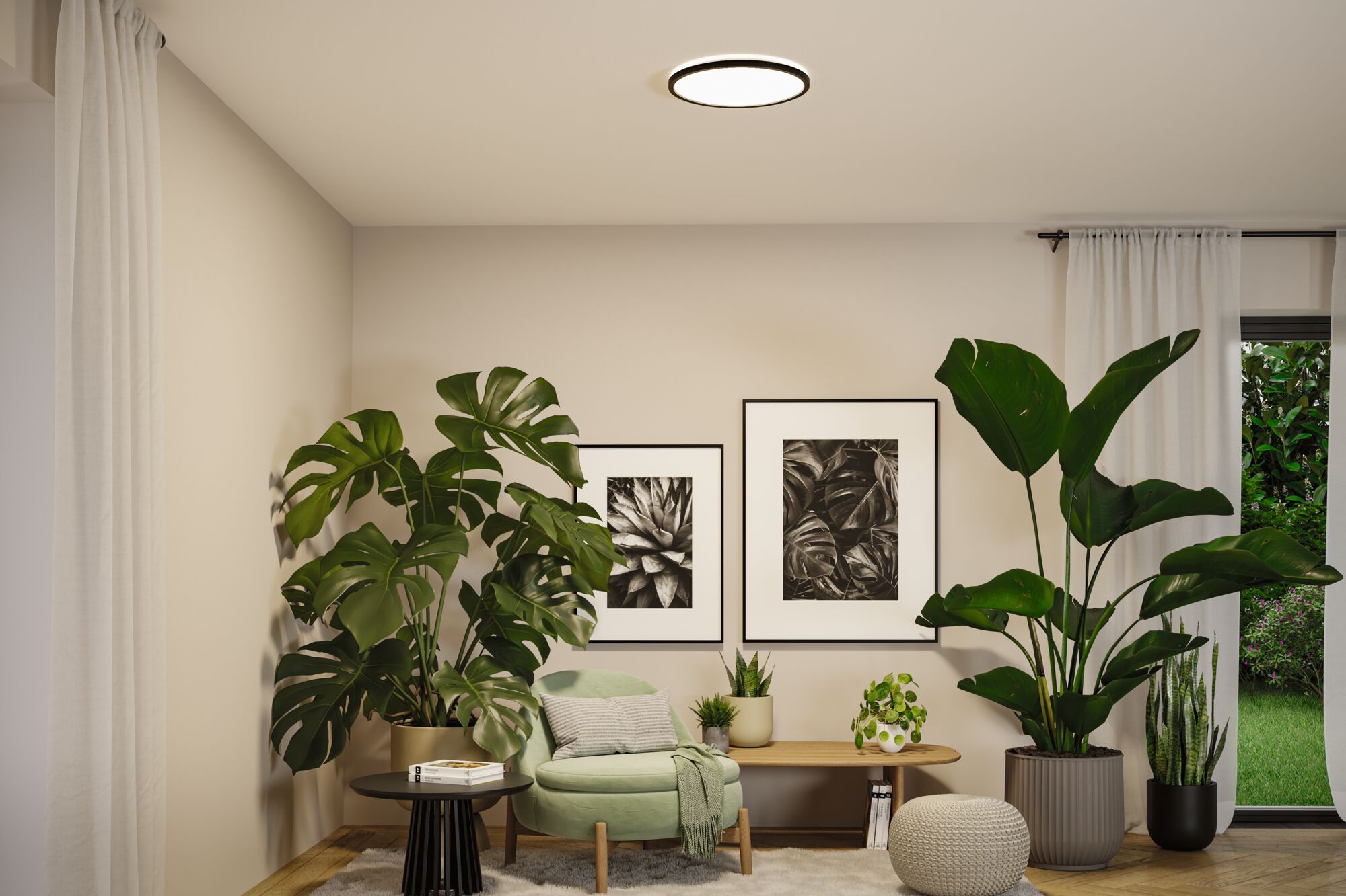 Plafonnier rond à cadre noir dans un salon moderne avec plantes vertes et décoration beige.