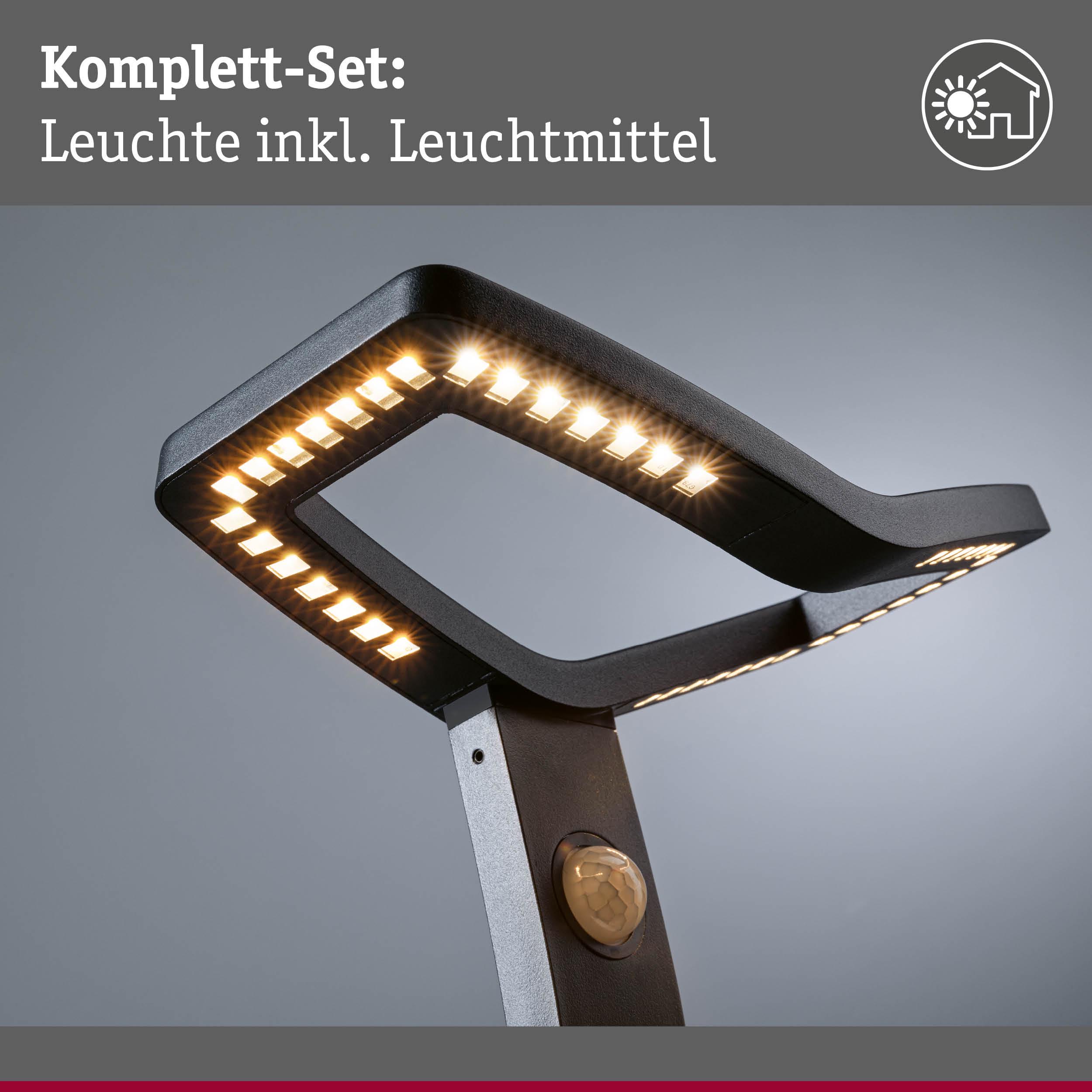 Schwarze LED-Außenleuchte mit Bewegungsmelder und warmweißem Licht für Garten und Terrasse