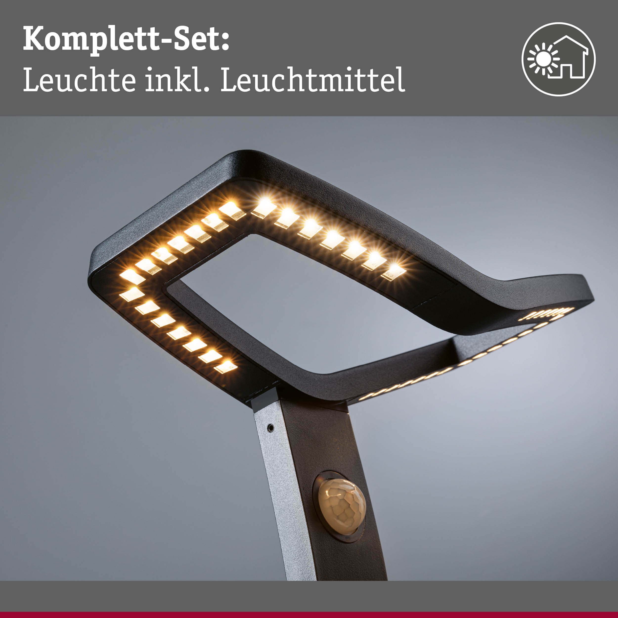 Schwarze LED-Außenleuchte mit integriertem Bewegungsmelder und warmweißem Licht für Garten und Terrasse