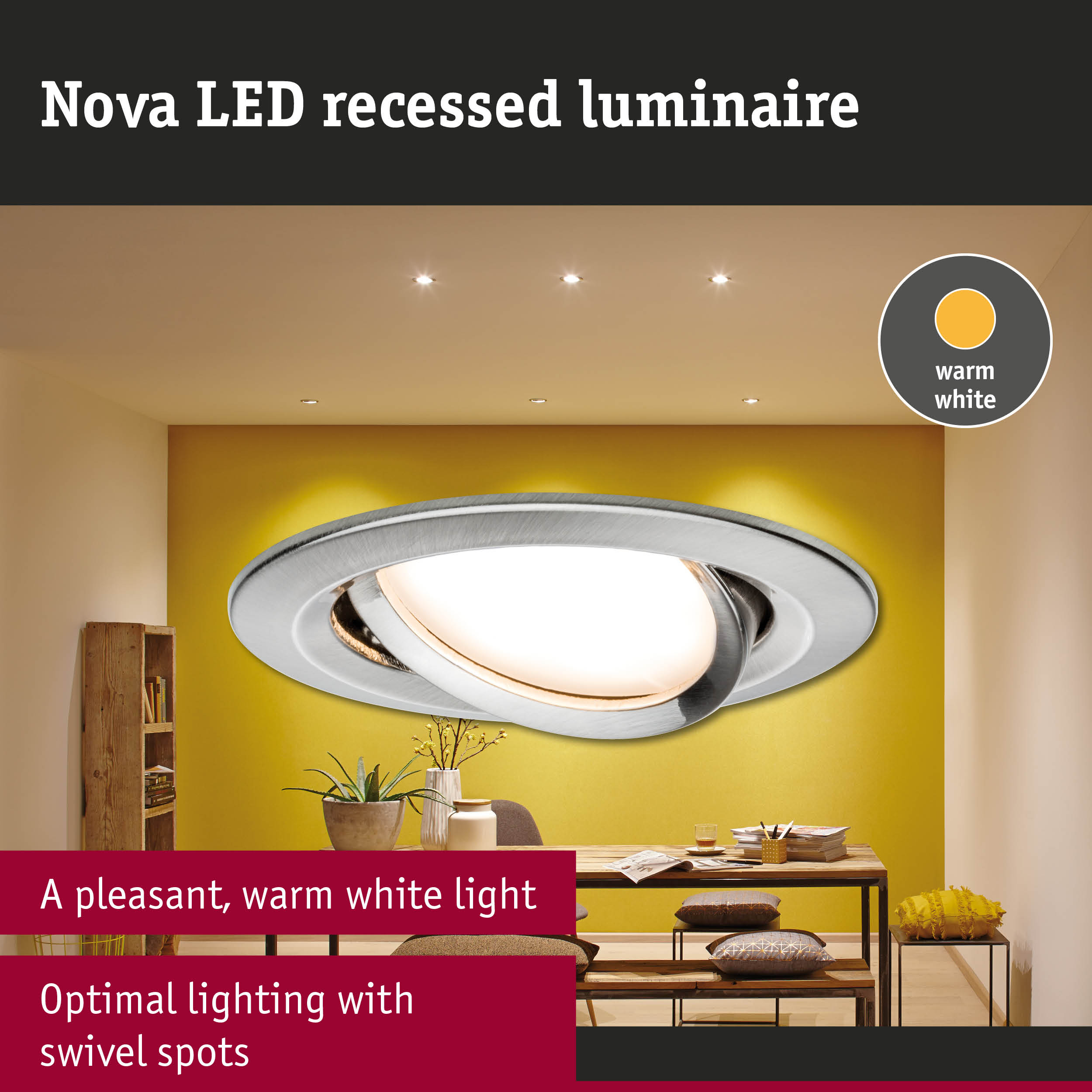 Nova LED recessed luminaire in silver metal with warm white light and adjustable swivel spots
