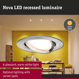 Nova LED recessed luminaire in silver metal with warm white light and adjustable swivel spots