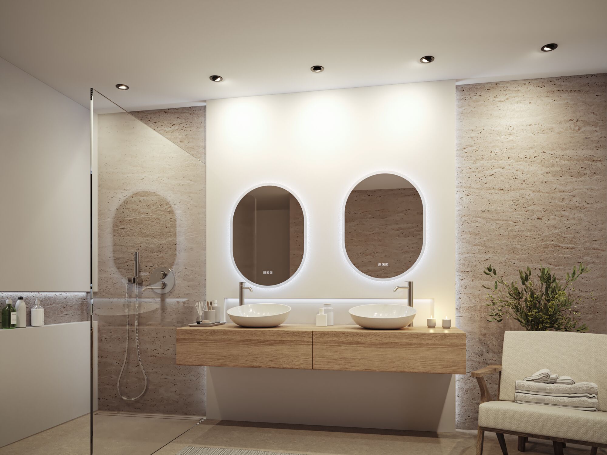 Modernes Badezimmer mit zwei ovalen LED-Spiegeln, Holzwaschtisch und Natursteinwand für stilvolle Badbeleuchtung