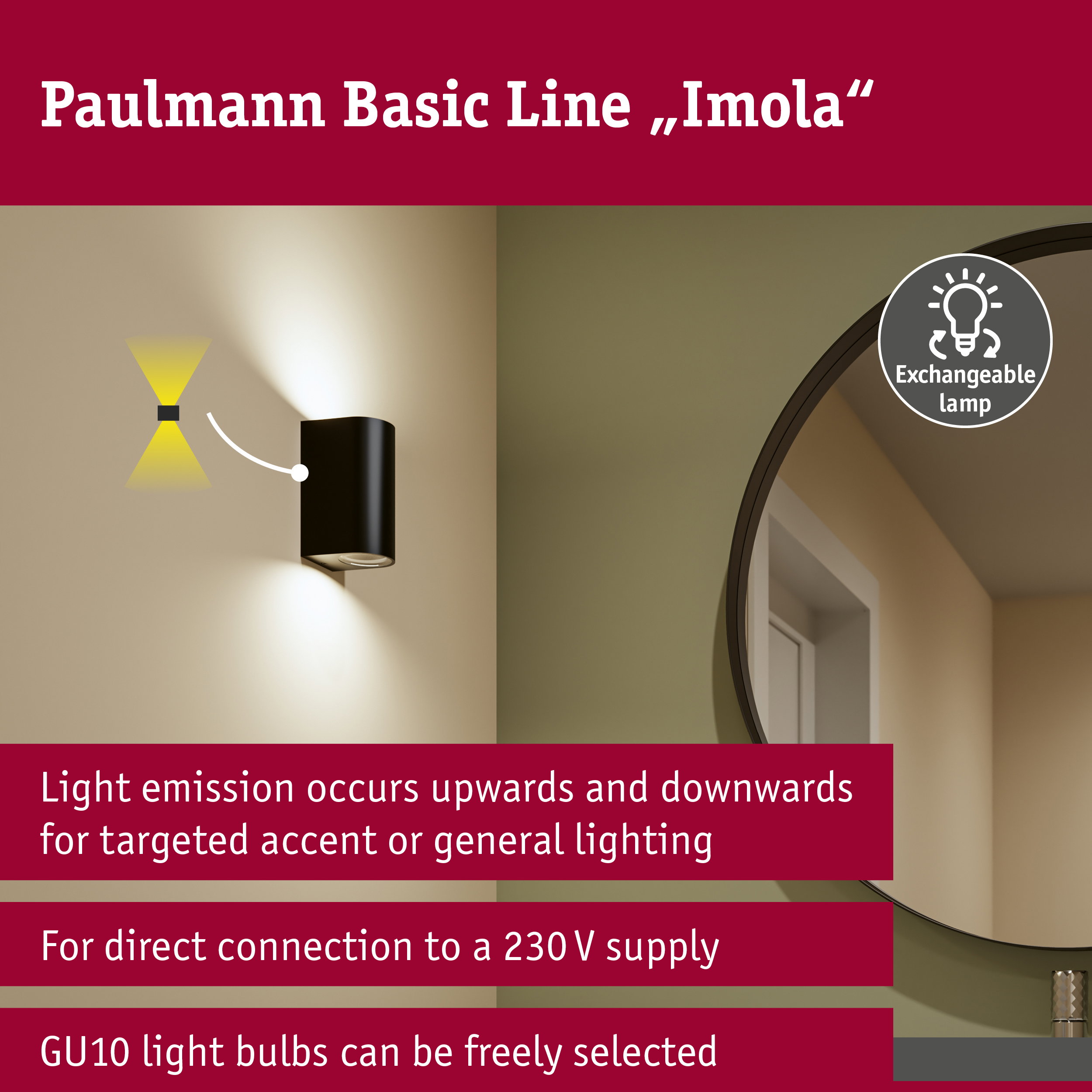 Wall light Perugia IP44 GU10 230V max. 2x10W Black matt