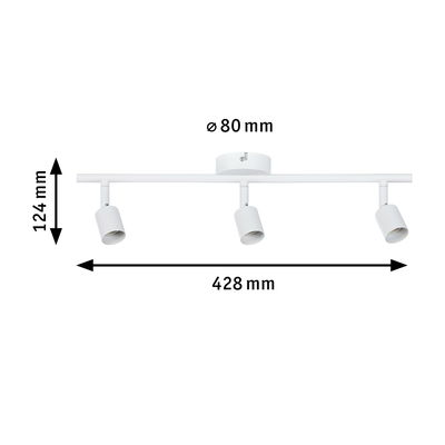 Spot LED plafond blanc à trois lampes en métal, dimensions 428x124 mm pour éclairage moderne
