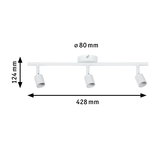 White three-light LED ceiling spotlight in metal, measuring 428x124 mm for modern lighting