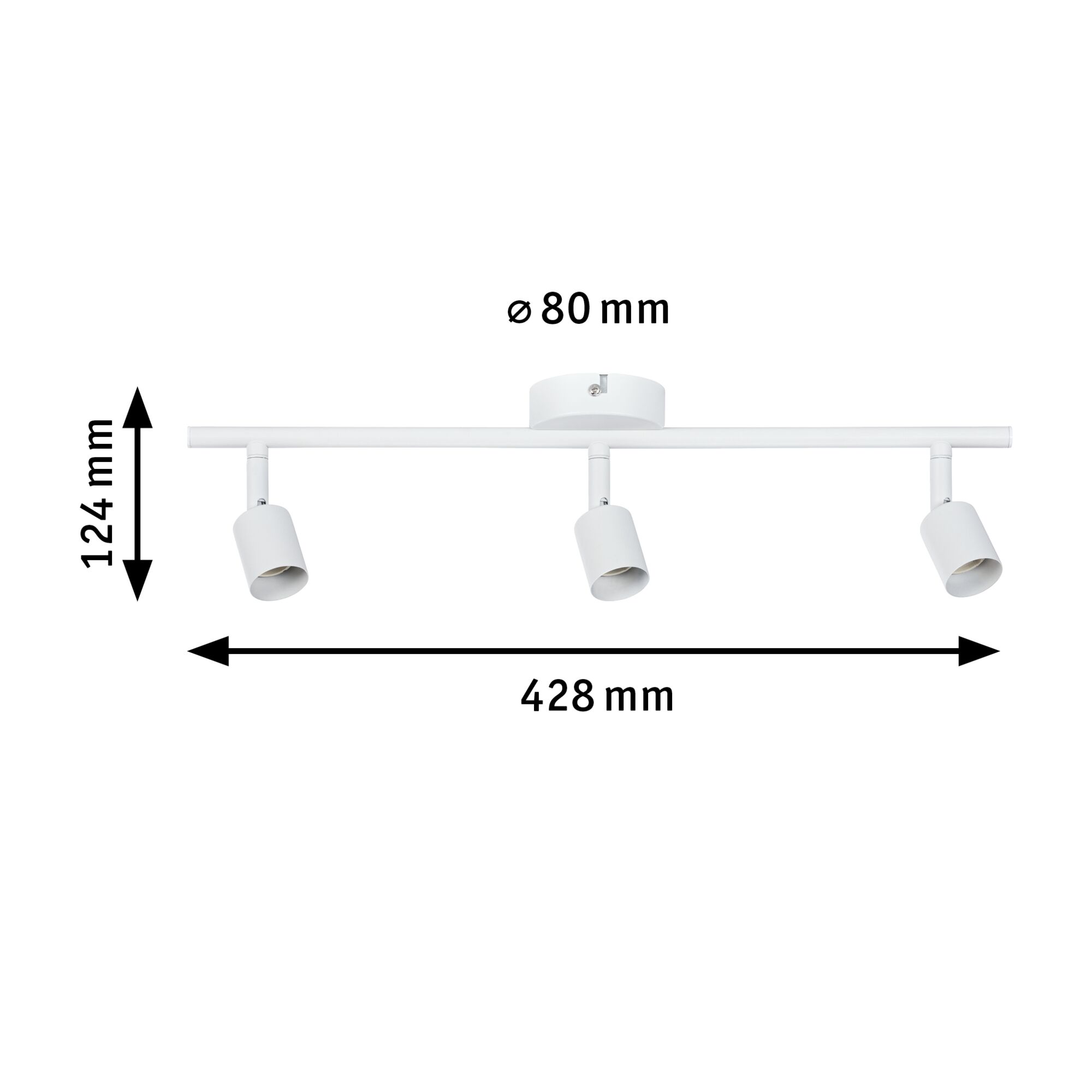 Witte metalen LED-plafondspot met drie lampen, afmetingen 428x124 mm voor moderne verlichting