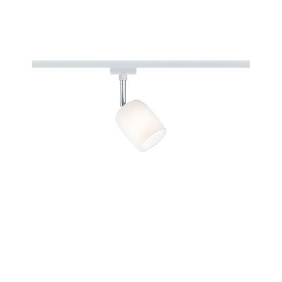 Moderne witte LED-spot met glazen kap en chromen staaf voor railsverlichtingssysteem