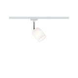 Moderner weißer LED-Strahler mit Glas-Schirm und Chrom-Stab für Schienensystembeleuchtung