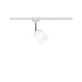 Moderner weißer LED-Strahler mit Glas-Schirm und Chrom-Stab für Schienensystembeleuchtung