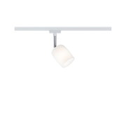 Moderner weißer LED-Strahler mit Glas-Schirm und Chrom-Stab für Schienensystembeleuchtung