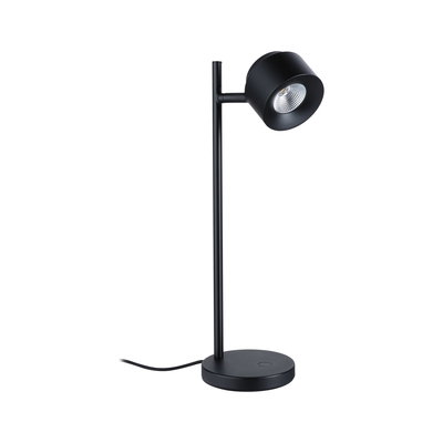 Schwarze LED-Tischleuchte aus Metall mit rundem Sockel und verstellbarem Leuchtenkopf für modernes Lichtdesign