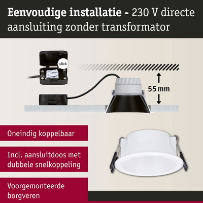 Witte LED inbouwspot met 55 mm inbouwdiepte en 230 V directe aansluiting zonder transformator