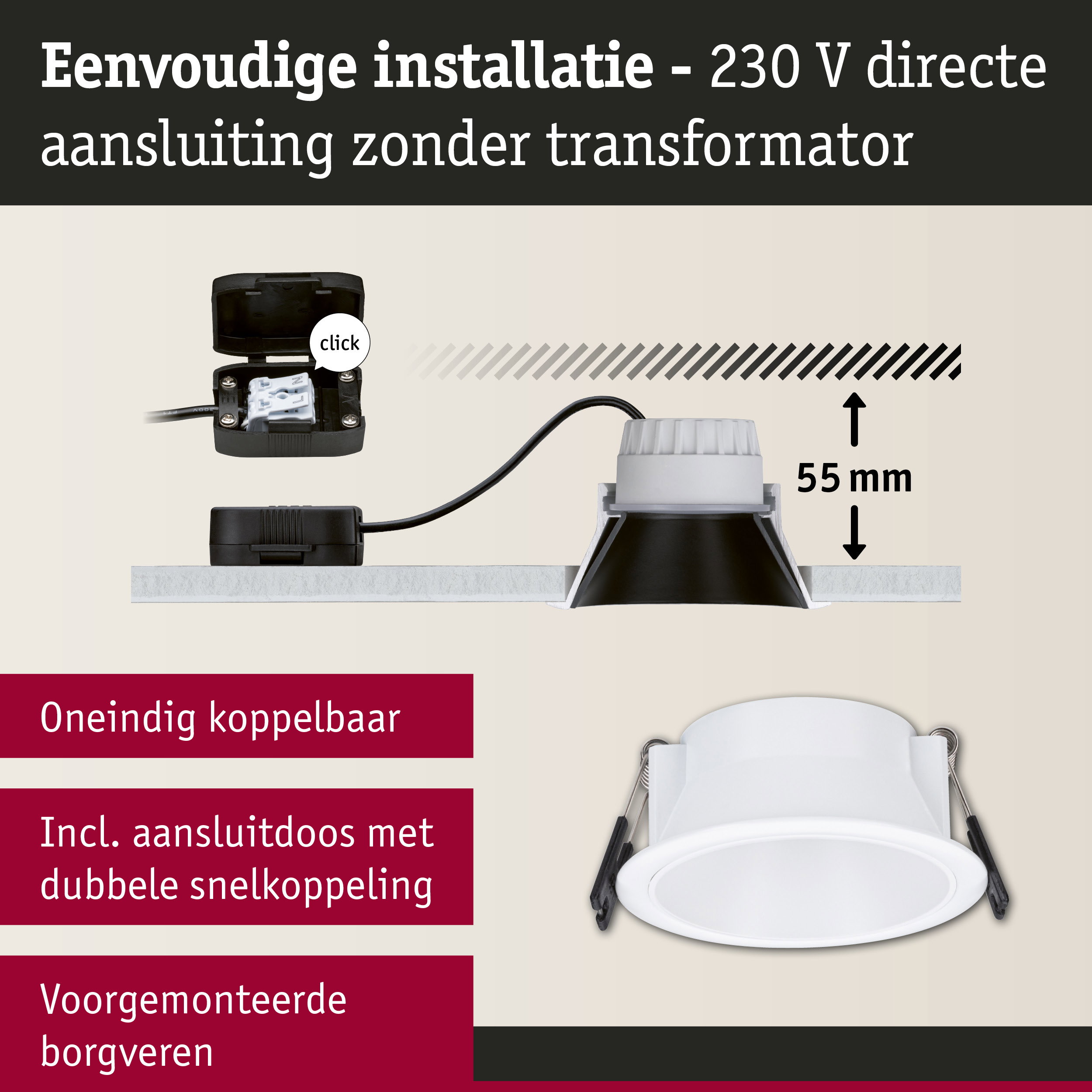 Witte inbouwspot met eenvoudige 230V directe aansluitdoos zonder transformator, inbouwdiepte 55 mm