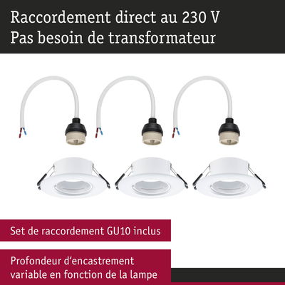 Set de trois spots encastrés blancs avec raccords GU10 pour connexion directe 230V sans transformateur