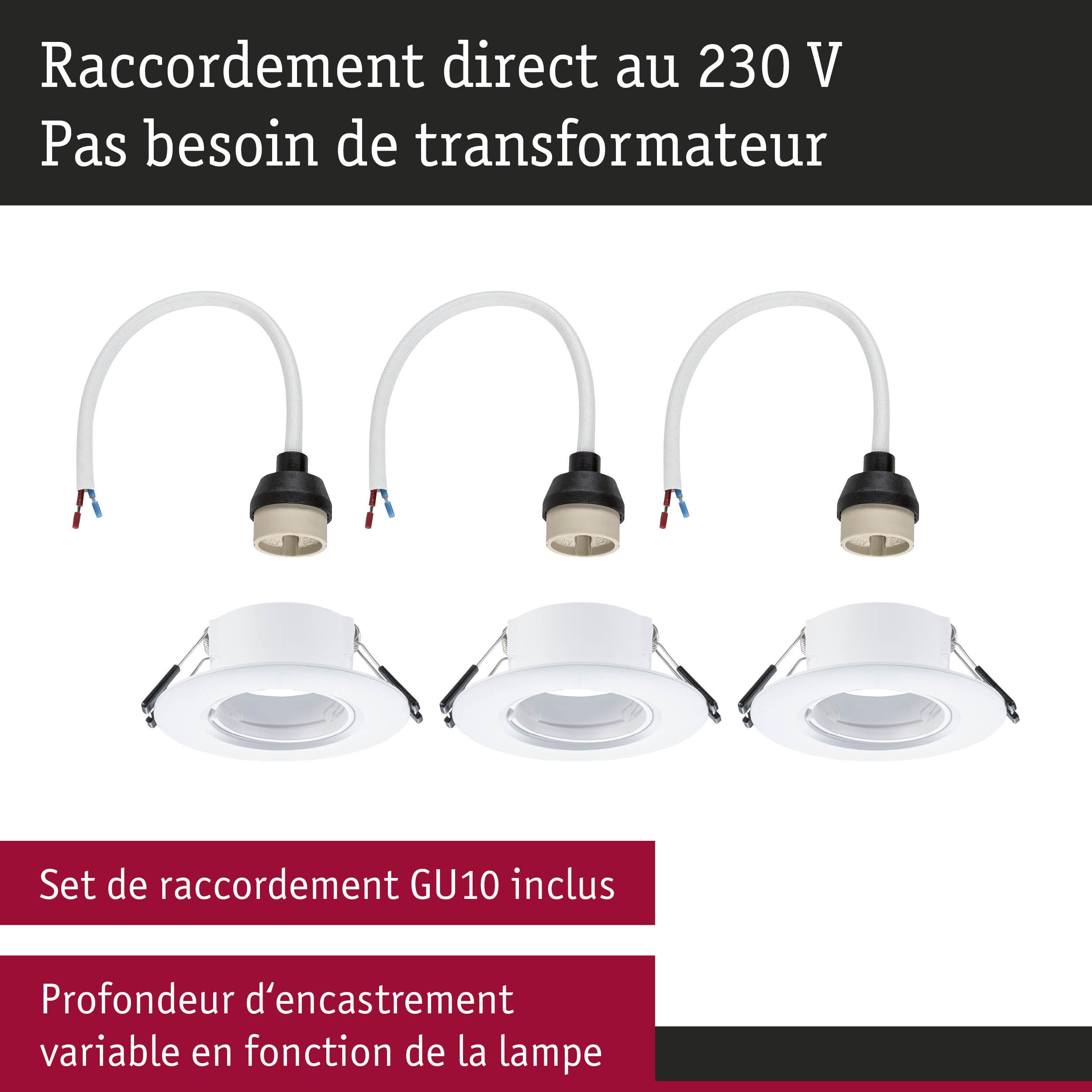 Set de trois spots encastrés blancs avec raccords GU10 pour connexion directe 230V sans transformateur