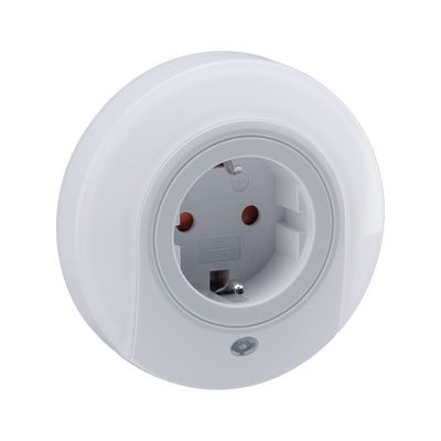 Round white plastic socket with grounding and LED indicator for safe power connection