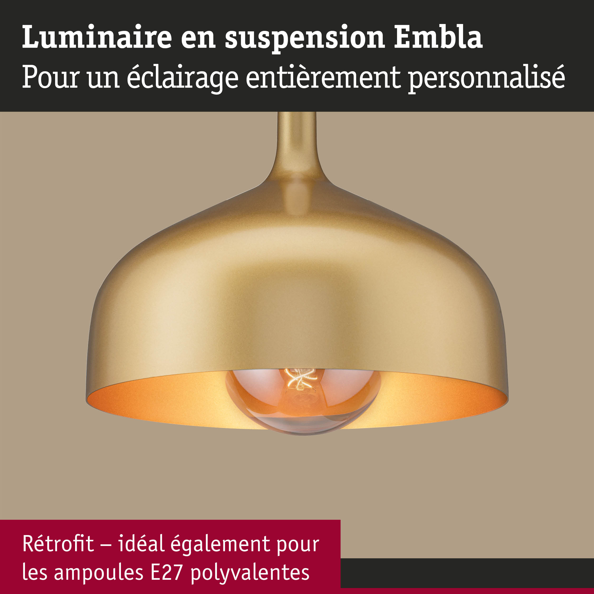 Luminaire suspendu Embla doré en métal avec douille E27 pour ampoules LED polyvalentes