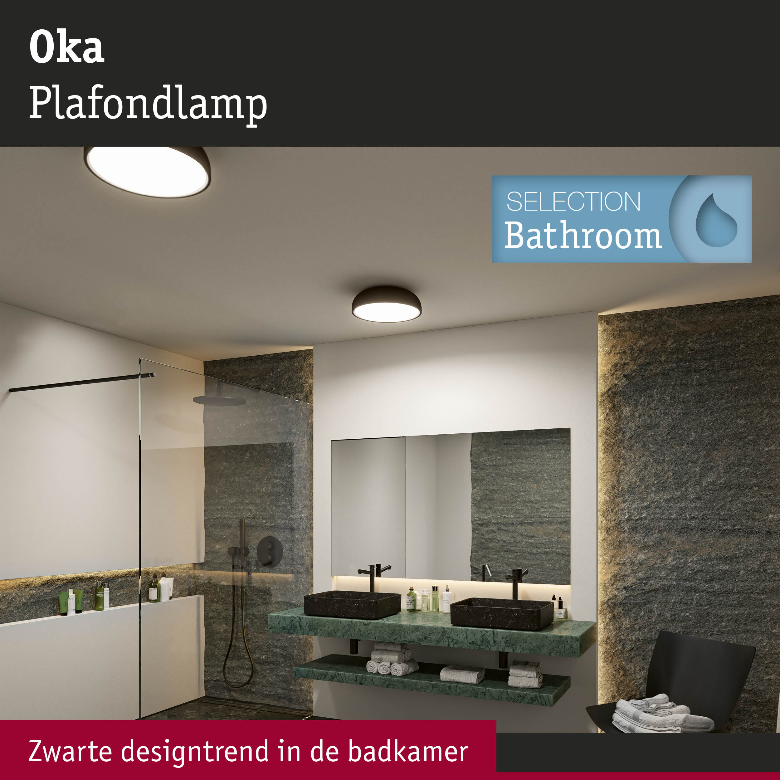 Modern badkamerinterieur met zwarte kranen, groene marmeren wastafel en ronde plafondlampen