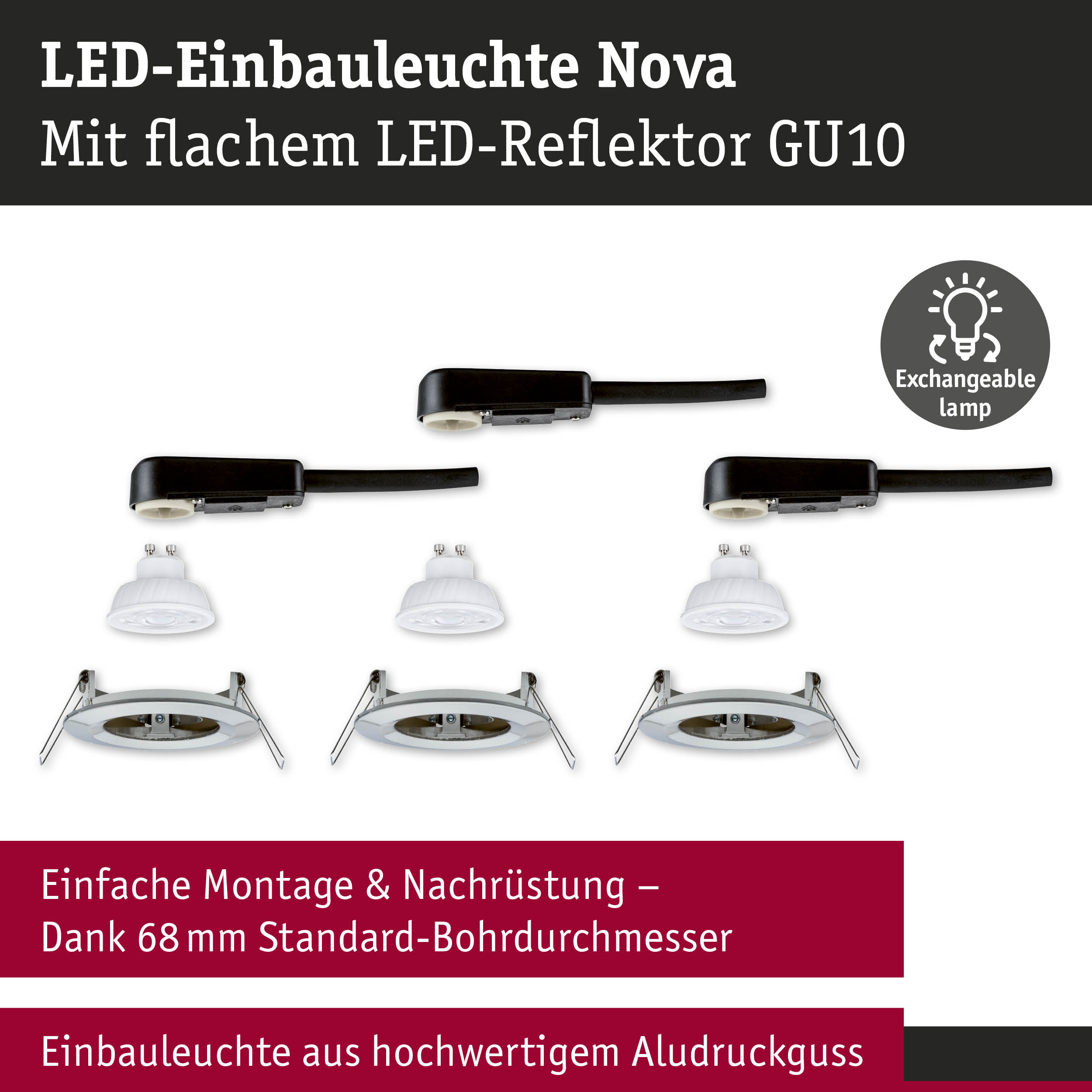 LED-Einbauleuchte Nova mit flachem GU10 LED-Reflektor und Aludruckguss in Schwarz für einfache Montage