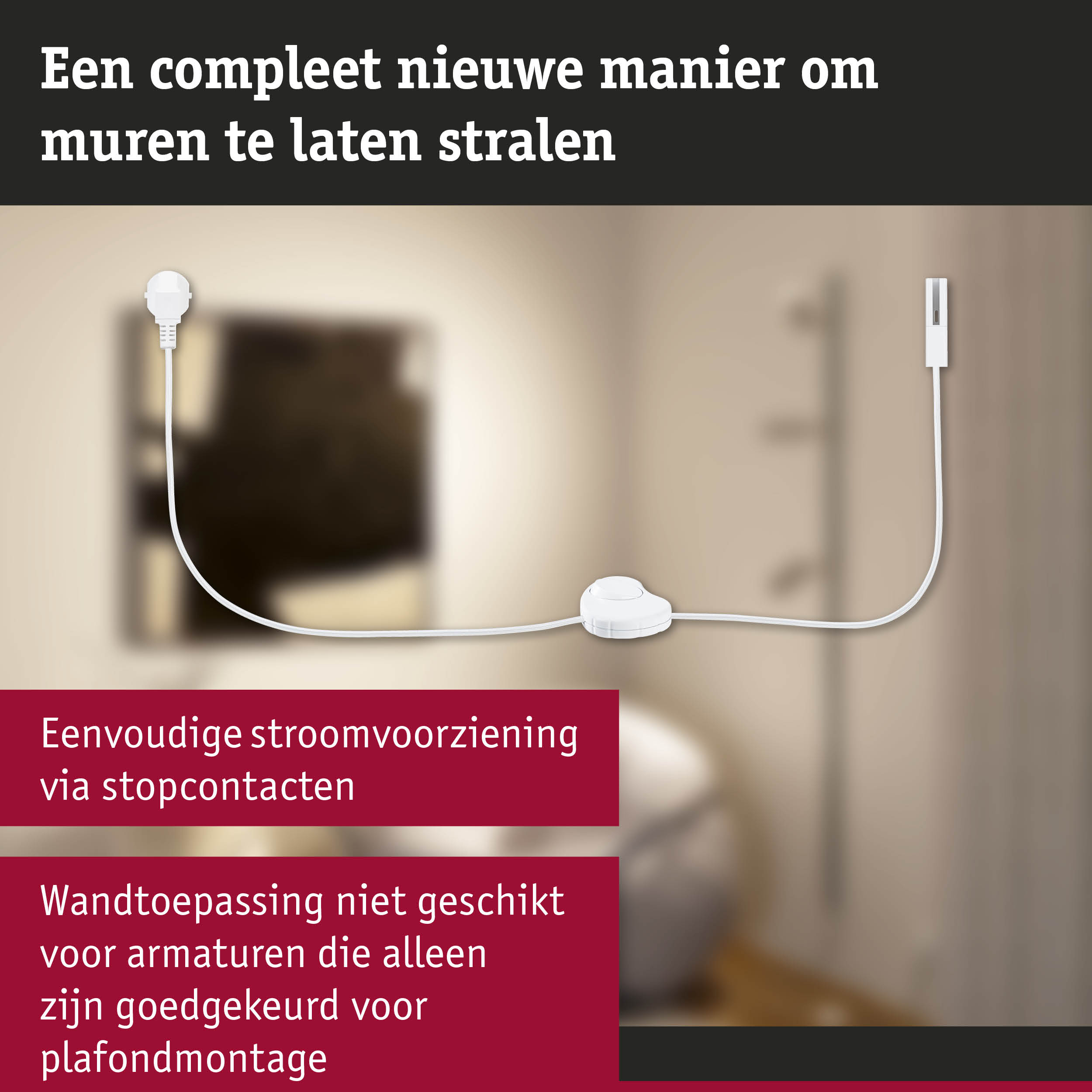 Wit stroomkabel met schakelaar voor eenvoudige stroomvoorziening en wandmontage in woonruimte
