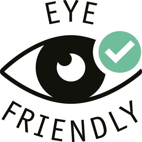 Icône œil noir avec coche verte et texte Eye Friendly pour éclairage respectueux des yeux