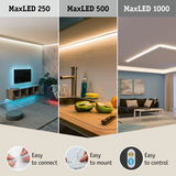 MaxLED 250, 500, 1000 LED light strips in living and kitchen areas with easy connection, mounting, and control