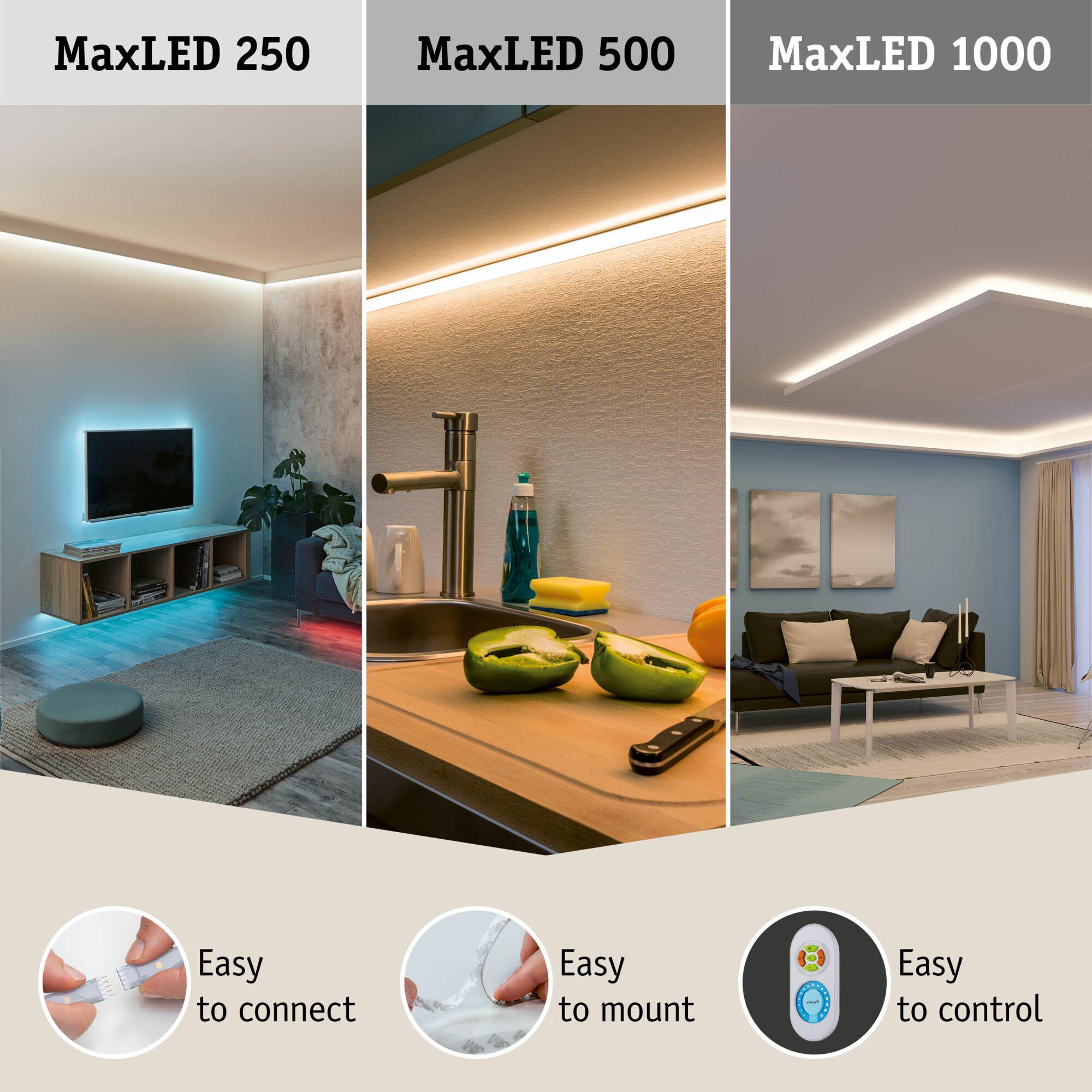 MaxLED 250, 500, 1000 LED light strips in living and kitchen areas with easy connection, mounting, and control