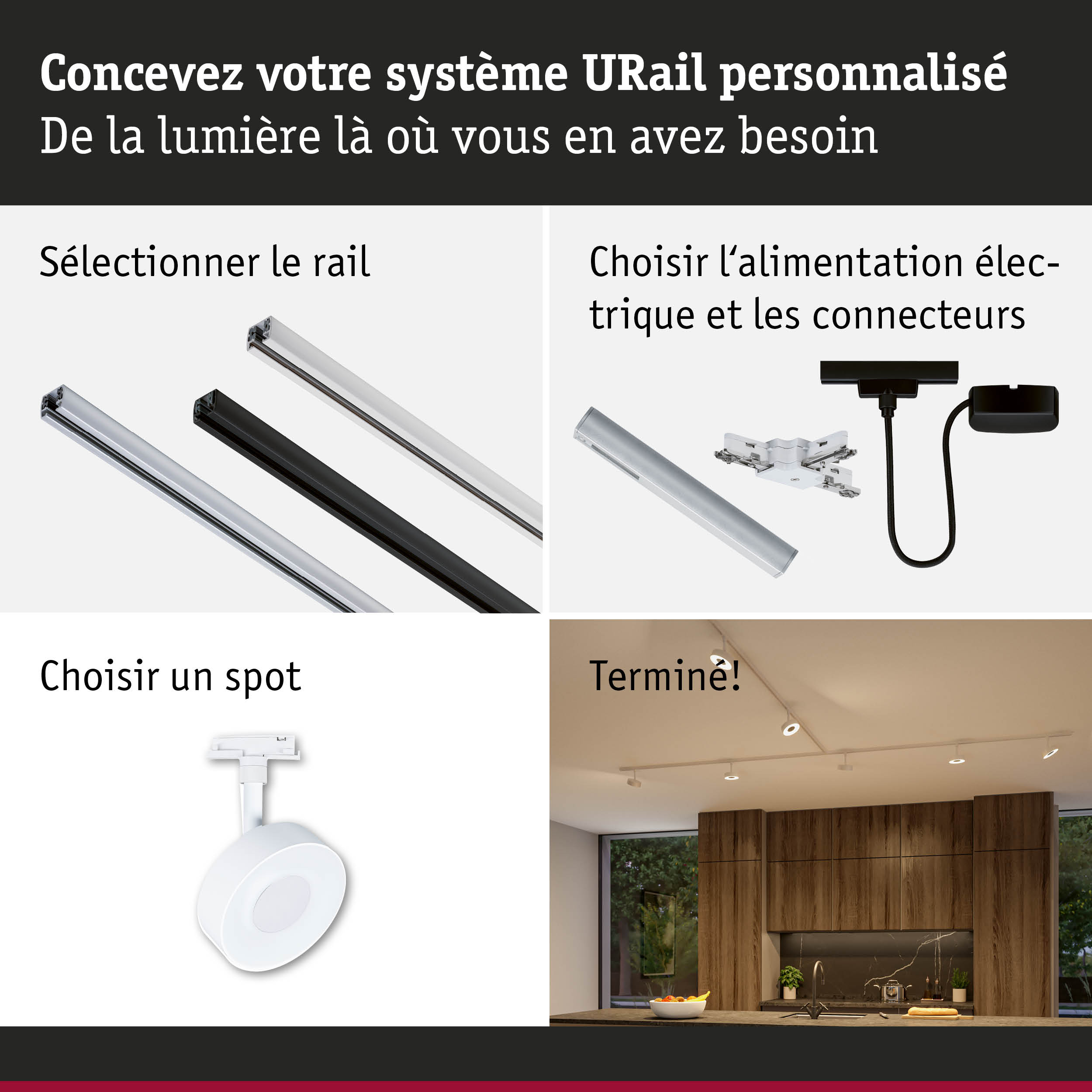 Système de rail URail modulaire en noir et blanc avec alimentation électrique et spots pour éclairage flexible