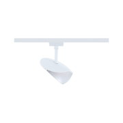 Weißer LED-Strahler aus Kunststoff an Schienensystem für flexible Beleuchtung im Innenraum