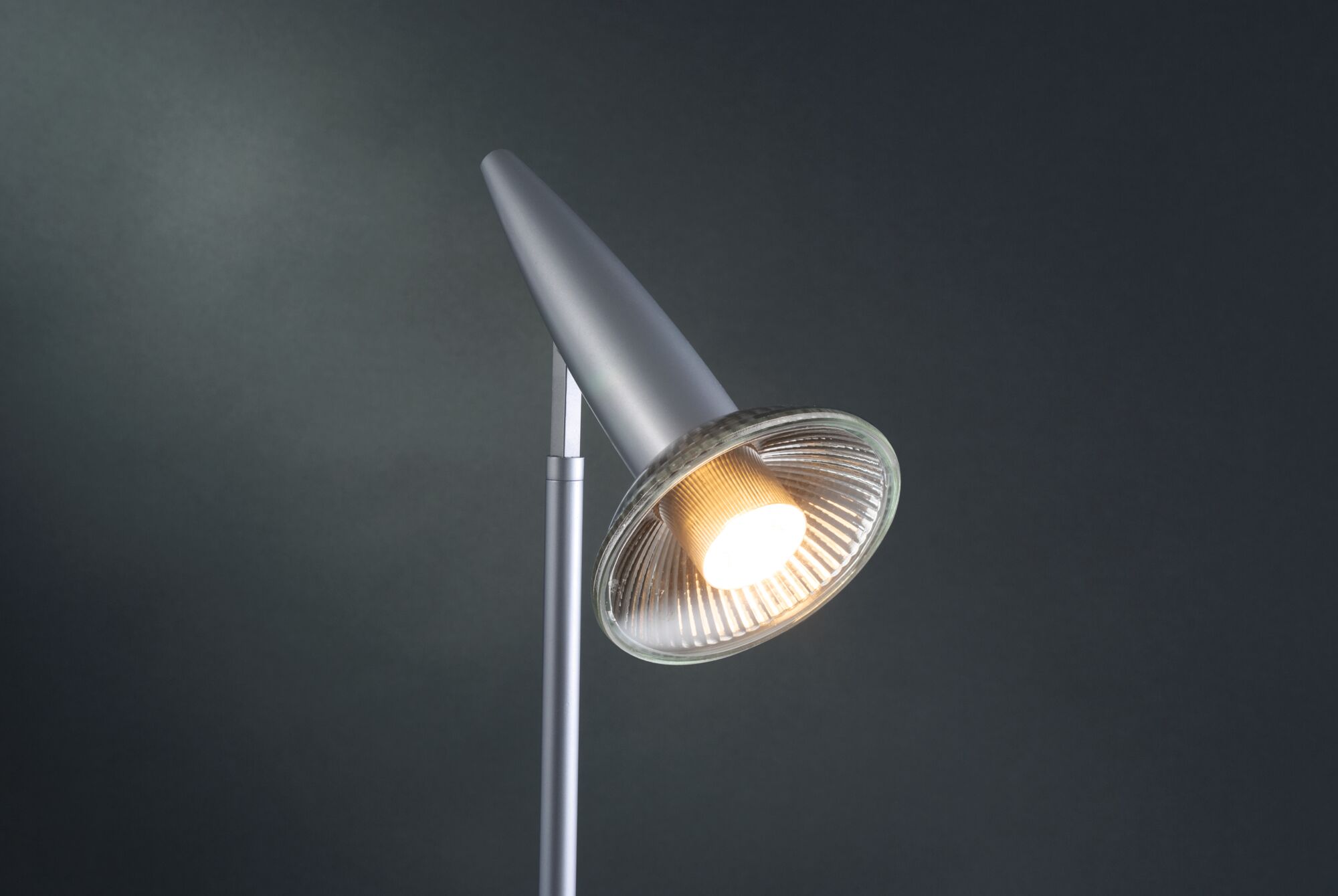 Moderne silberne Stehleuchte mit verstellbarem Reflektor und Glaslampenschirm für Wohnräume