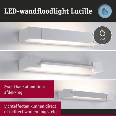 Witte aluminium LED-wandfloodlight Lucille met IP44 en zwenkbare afdekking voor directe of indirecte verlichting