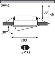 Technical drawing of recessed spotlight with 93 mm diameter and 30-degree tilt angle