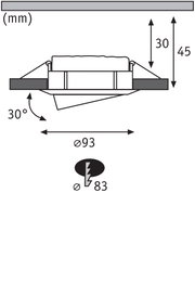 Technische Zeichnung eines Einbaustrahler mit 93 mm Durchmesser und 30 Grad Neigung