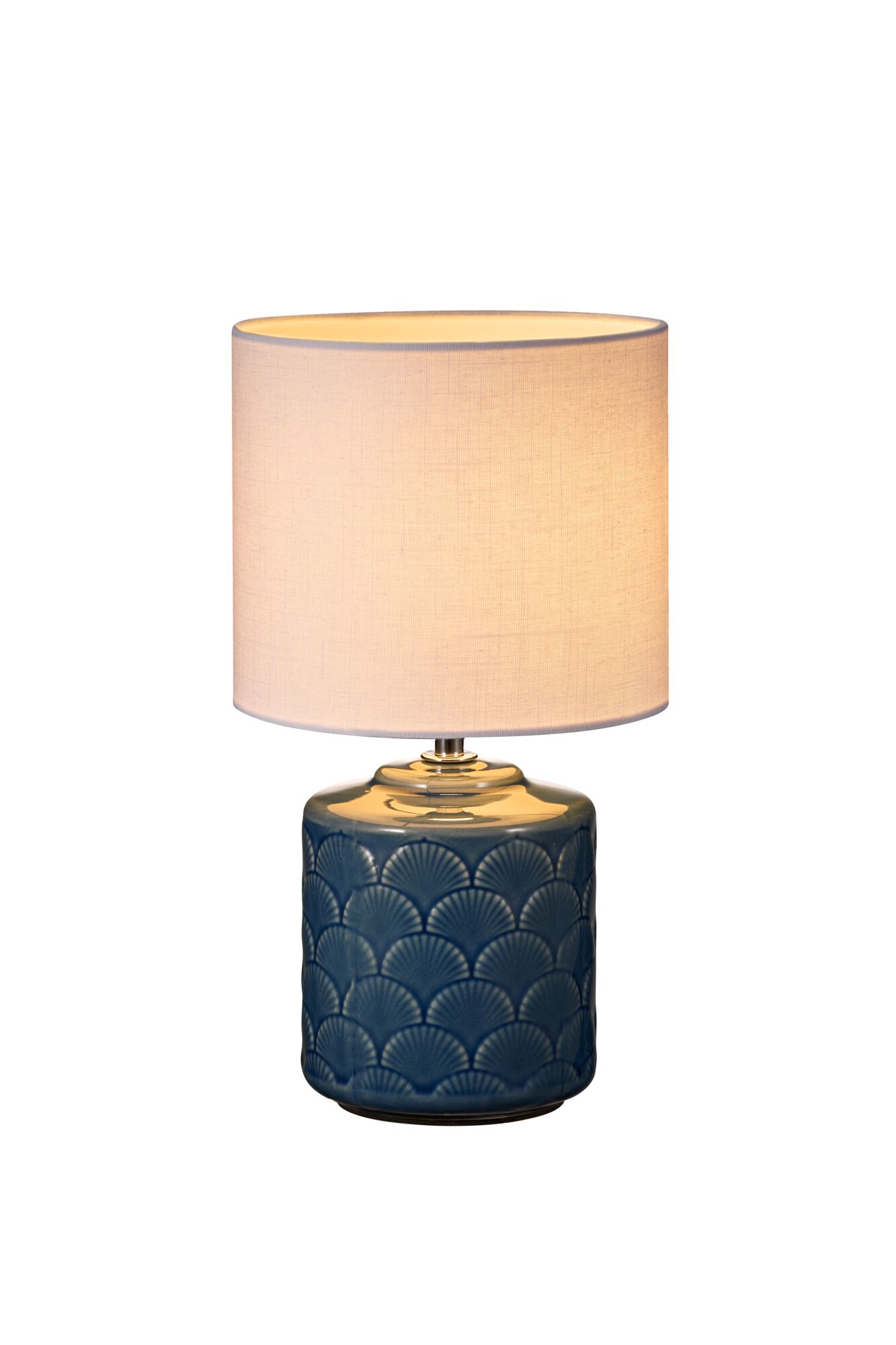 Table lamp with blue ceramic base and white fabric shade for ambient lighting