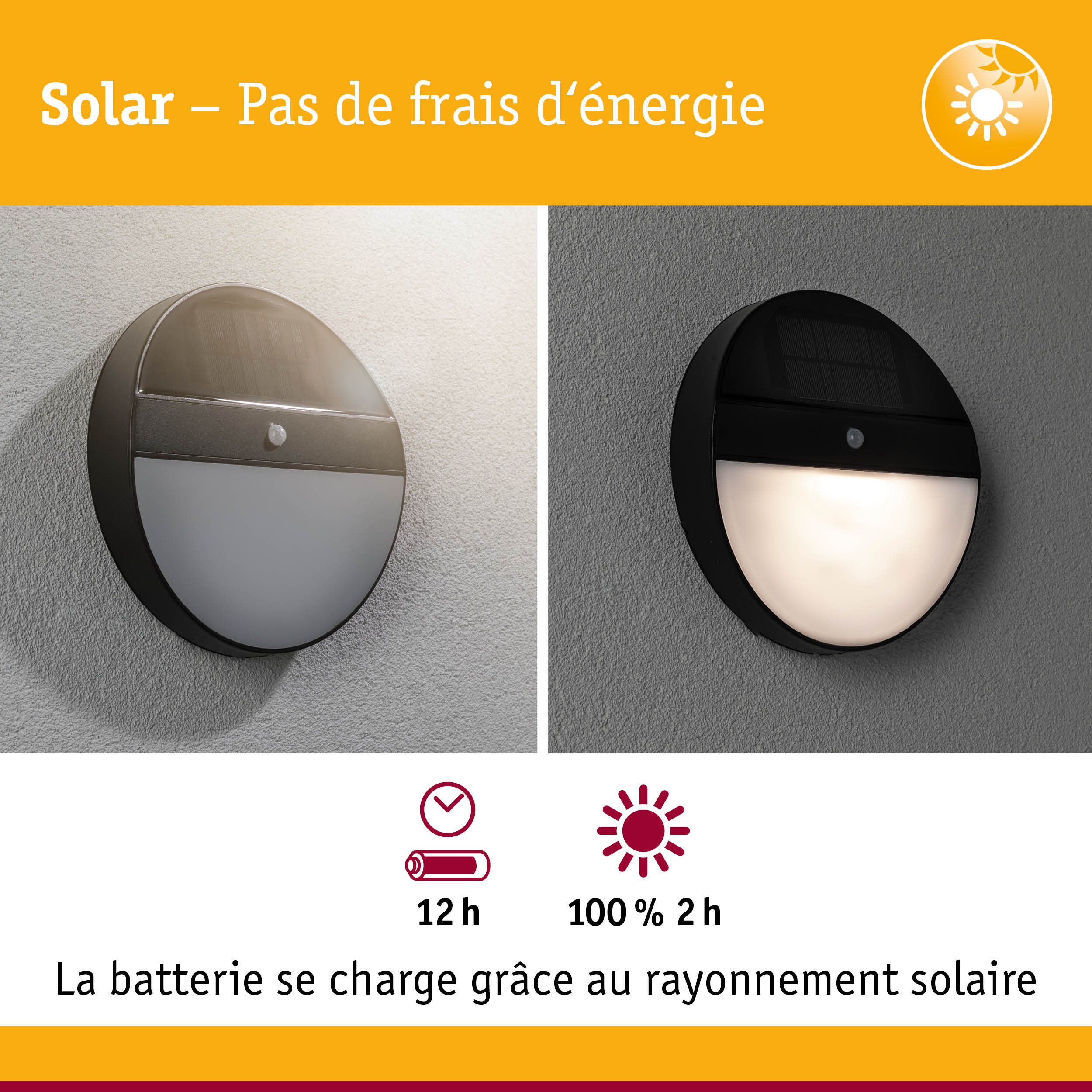 Applique murale solaire ronde noire avec détecteur de mouvement sur mur clair et sombre, éclairage extérieur économique