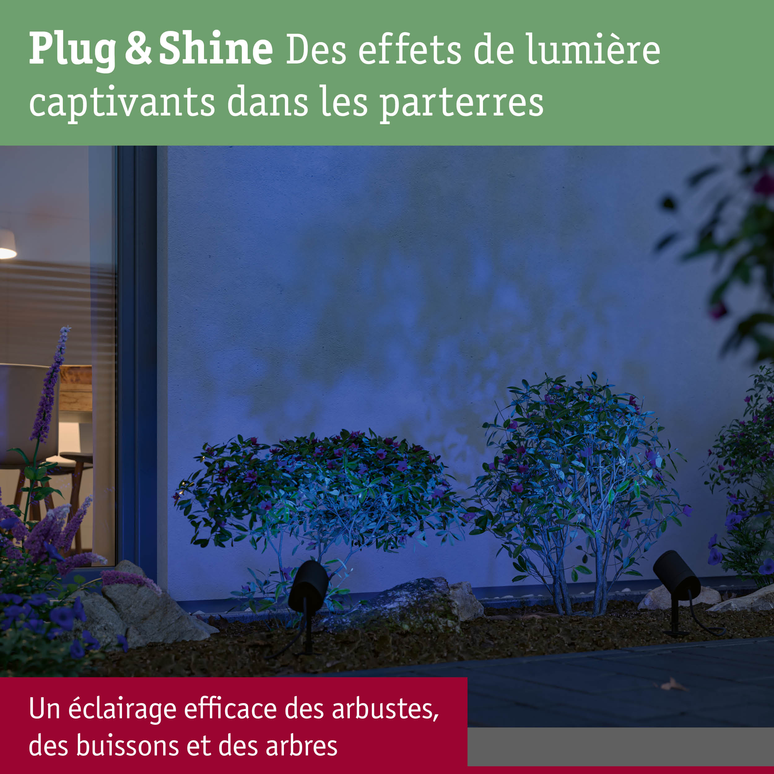 Jardin avec arbustes éclairés par projecteur LED noir Plug & Shine pour éclairage extérieur