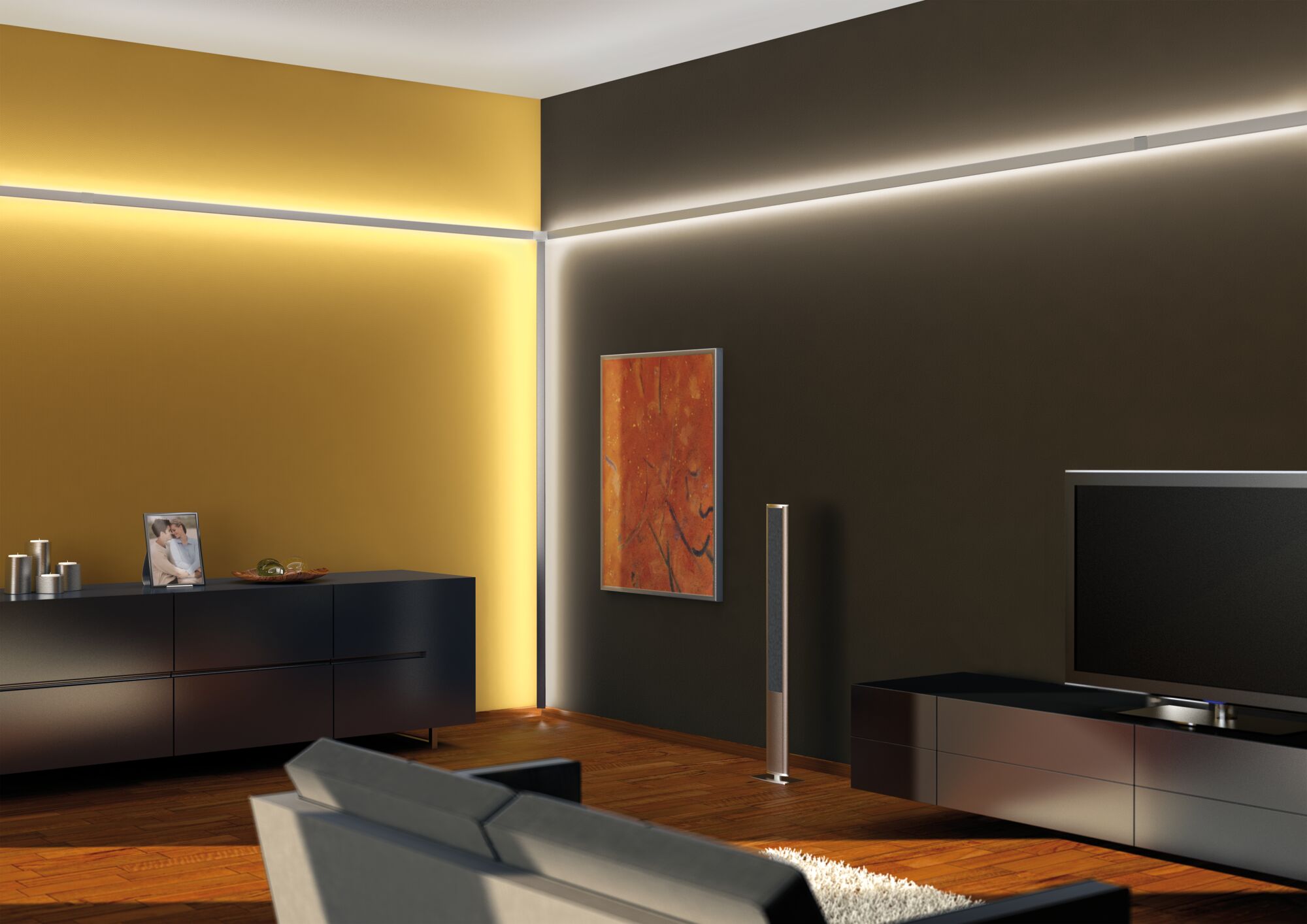 Modern living room with warm white indirect LED corner lighting on yellow and gray walls