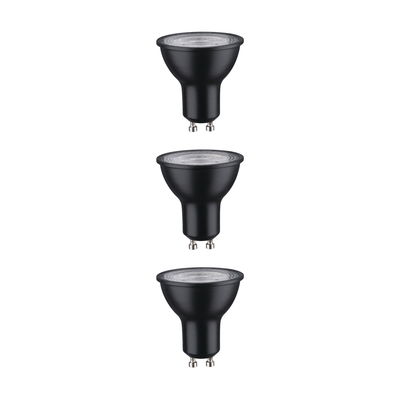 Three black GU10 LED bulbs with clear glass, energy-saving LED lights for home lighting solutions.