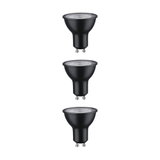 Three black GU10 LED bulbs with clear glass, energy-saving LED lights for home lighting solutions.