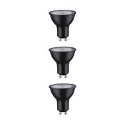Drei schwarze GU10 LED-Lampen mit klarem Glas, energiesparende LED-Leuchtmittel für Wohnraumbeleuchtung.