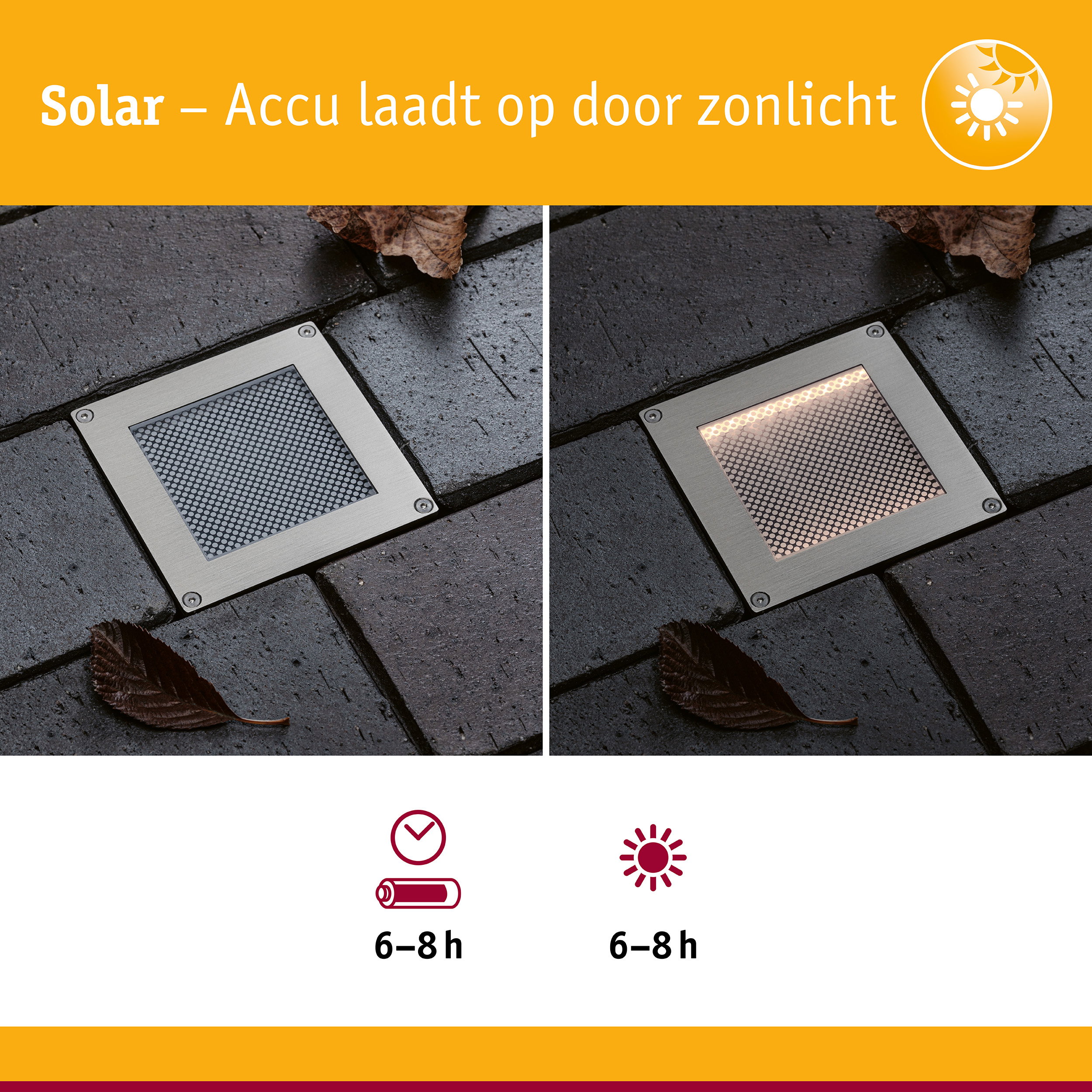 Solar LED-grondinbouwlamp Sorea Schemerings-sensor IP67 hoekig 100x100mm 3000K 0,1W 6lm 3,7V Staal geborsteld ABS/Polycarbonaat/edelstaal